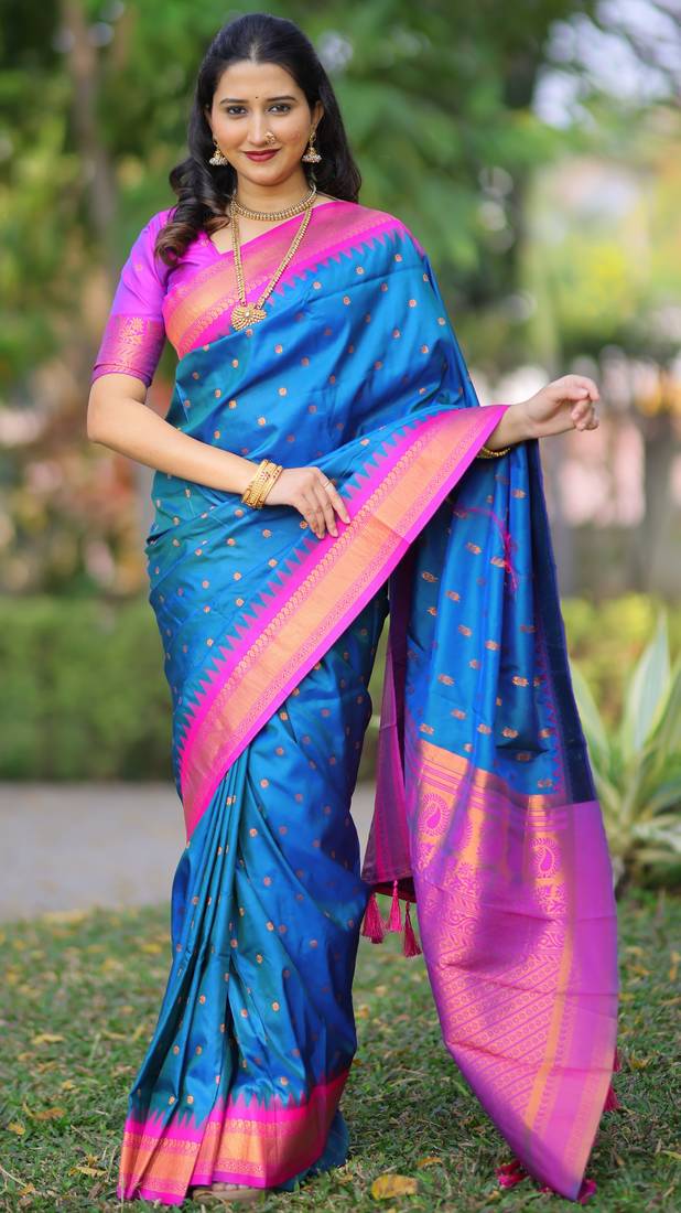 Blue floral, temple border, zari work kanji gadwal silk saree with blouse