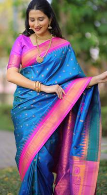 Blue floral temple border zari work kanji gadwal silk blend saree with blouse 3