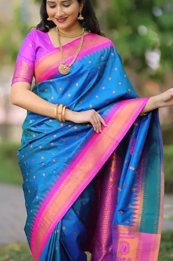 Blue floral, temple border, zari work kanji gadwal silk saree with blouse
