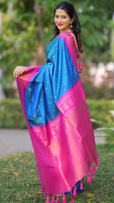 Blue floral temple border zari work kanji gadwal silk blend saree with blouse 4