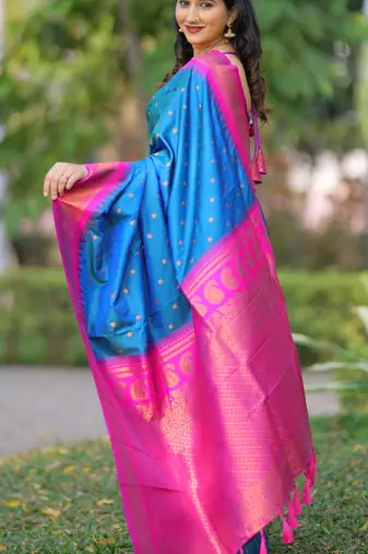 Blue floral, temple border, zari work kanji gadwal silk saree with blouse