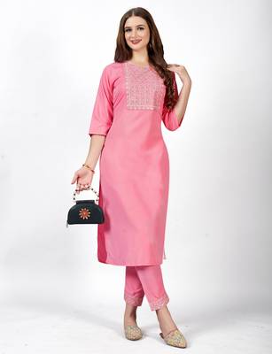 Pink embroidery work cotton rayon slub based aline womens kurti set 1