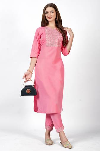 Pink embroidery work cotton rayon slub based aline womens kurti set
