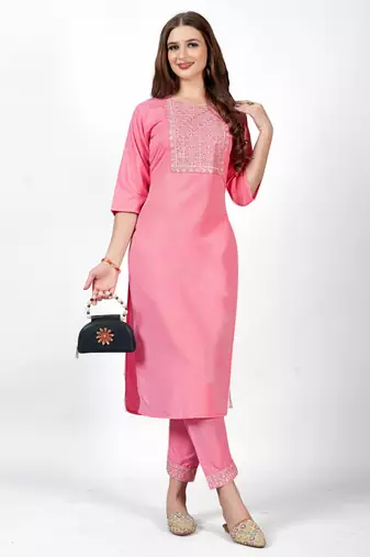 Pink embroidery work cotton rayon slub based aline womens kurti set