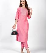 Pink embroidery work cotton rayon slub based aline womens kurti set