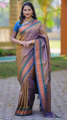 Brown floral temple border zari work kanji gadwal silk blend saree with blouse 1