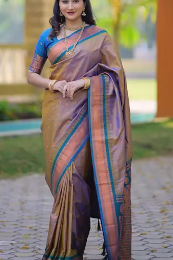Brown floral, temple border, zari work kanji gadwal silk saree with blouse