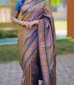 Brown floral, temple border, zari work kanji gadwal silk saree with blouse