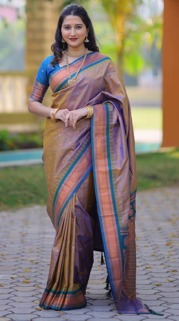 Brown floral, temple border, zari work kanji gadwal silk saree with blouse