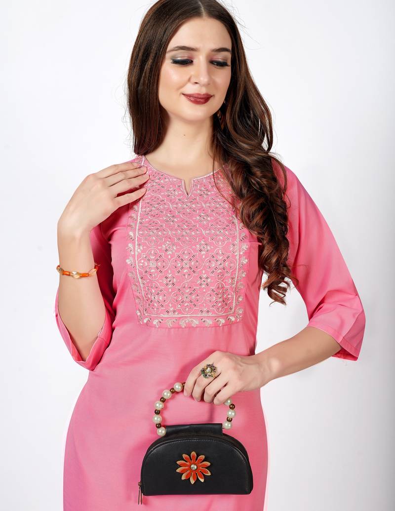 Pink embroidery work cotton rayon slub based aline womens kurti set