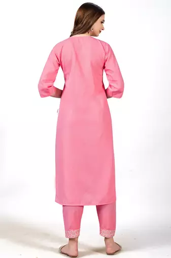 Pink embroidery work cotton rayon slub based aline womens kurti set