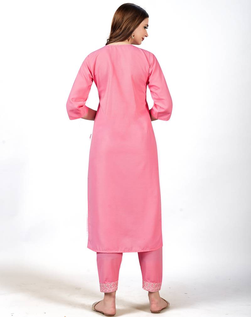 Pink embroidery work cotton rayon slub based aline womens kurti set