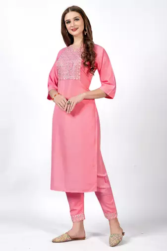 Pink embroidery work cotton rayon slub based aline womens kurti set