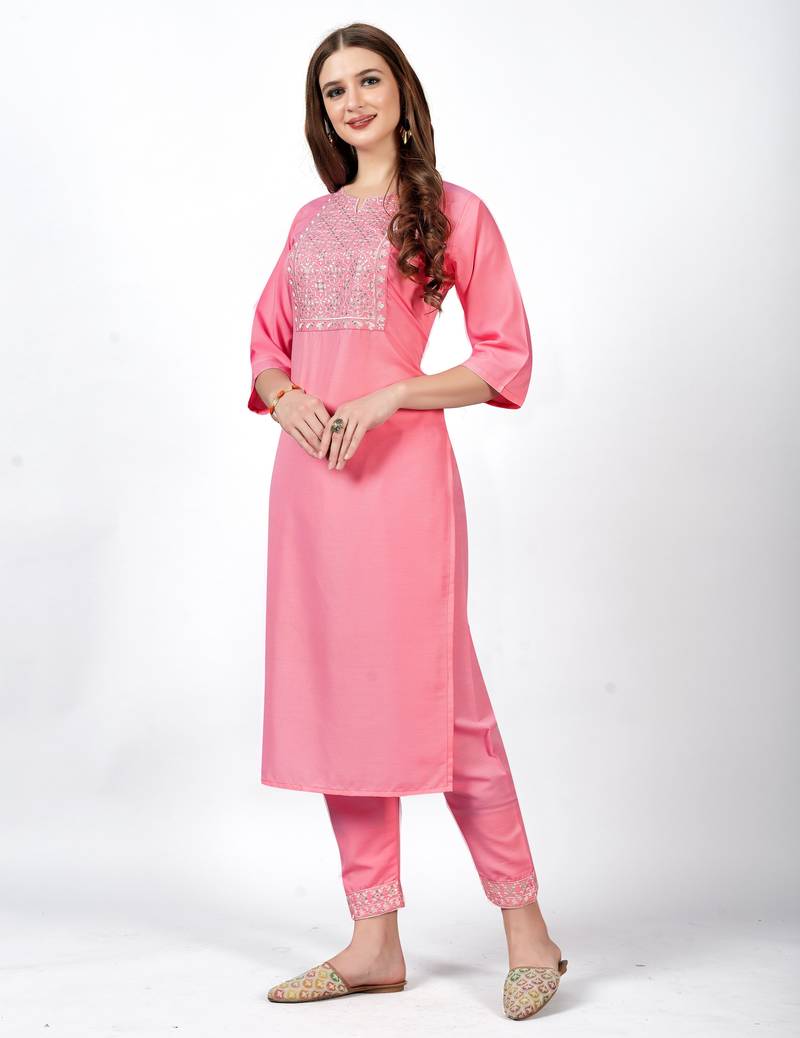 Pink embroidery work cotton rayon slub based aline womens kurti set
