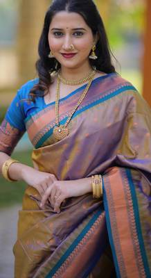 Brown floral temple border zari work kanji gadwal silk blend saree with blouse 2