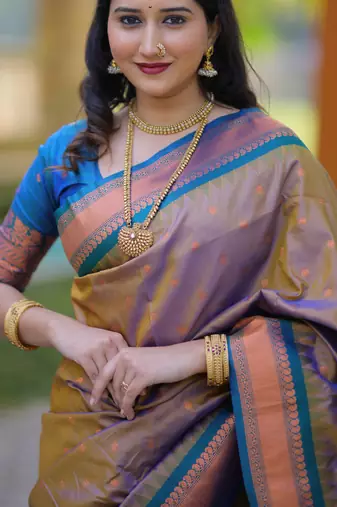 Brown floral, temple border, zari work kanji gadwal silk saree with blouse