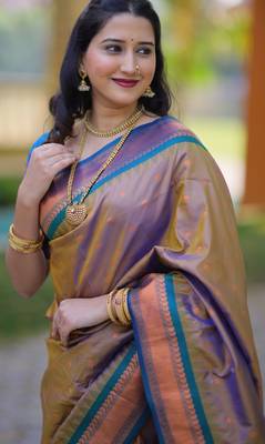 Brown floral temple border zari work kanji gadwal silk blend saree with blouse 3