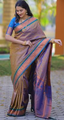 Brown floral temple border zari work kanji gadwal silk blend saree with blouse 4