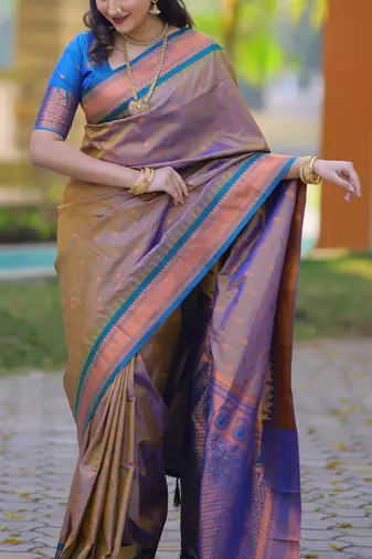 Brown floral, temple border, zari work kanji gadwal silk saree with blouse