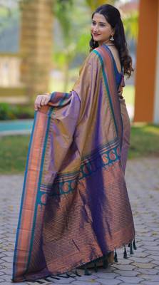 Brown floral temple border zari work kanji gadwal silk blend saree with blouse 5