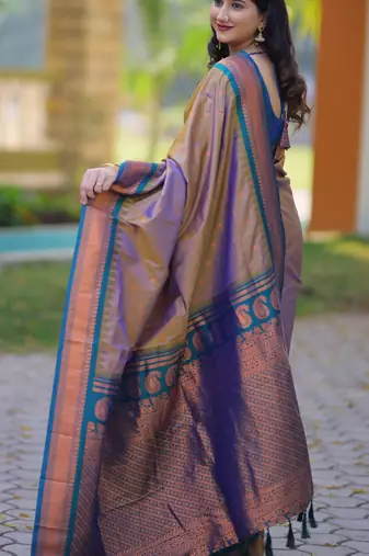 Brown floral, temple border, zari work kanji gadwal silk saree with blouse