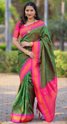 Dark green floral temple border zari work kanji gadwal silk blend saree with blouse 1