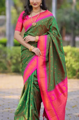 Dark green floral, temple border, zari work kanji gadwal silk saree with blouse