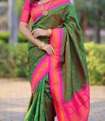 Dark green floral, temple border, zari work kanji gadwal silk saree with blouse