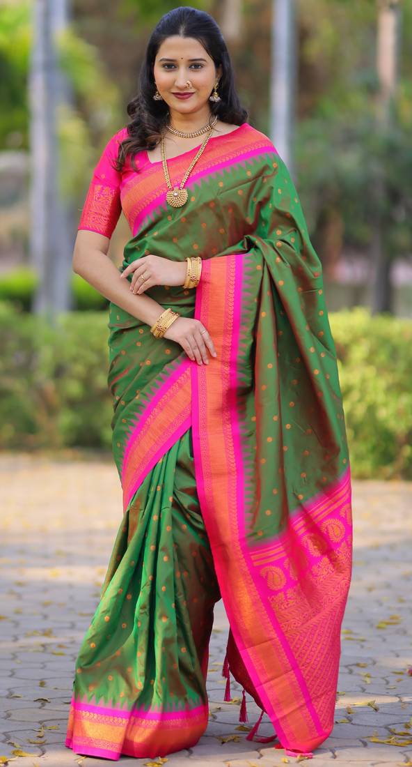 Dark green floral, temple border, zari work kanji gadwal silk saree with blouse