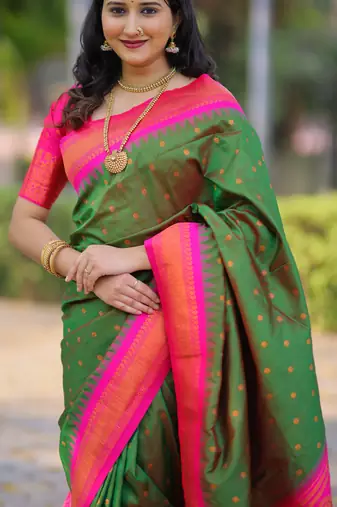 Dark green floral, temple border, zari work kanji gadwal silk saree with blouse