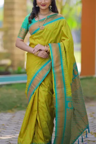 Lime green floral, temple border, zari work kanji gadwal silk saree with blouse