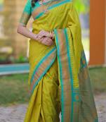 Lime green floral, temple border, zari work kanji gadwal silk saree with blouse