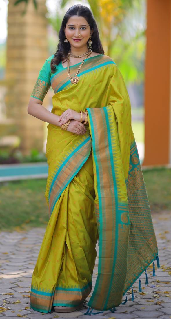 Lime green floral, temple border, zari work kanji gadwal silk saree with blouse
