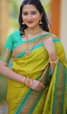 Lime green floral temple border zari work kanji gadwal silk blend saree with blouse 2