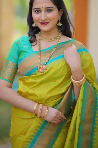 Lime green floral, temple border, zari work kanji gadwal silk saree with blouse