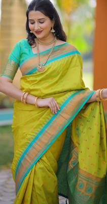 Lime green floral temple border zari work kanji gadwal silk blend saree with blouse 3