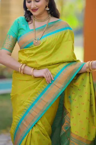 Lime green floral, temple border, zari work kanji gadwal silk saree with blouse