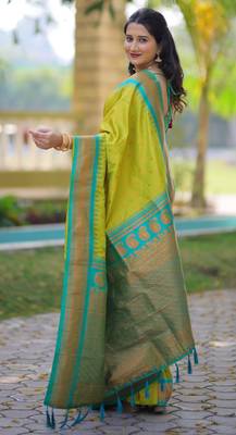Lime green floral temple border zari work kanji gadwal silk blend saree with blouse 4