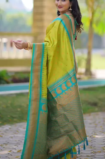 Lime green floral, temple border, zari work kanji gadwal silk saree with blouse