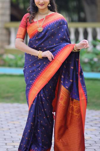 Navy blue floral, temple border, zari work kanji gadwal silk saree with blouse