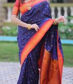 Navy blue floral, temple border, zari work kanji gadwal silk saree with blouse