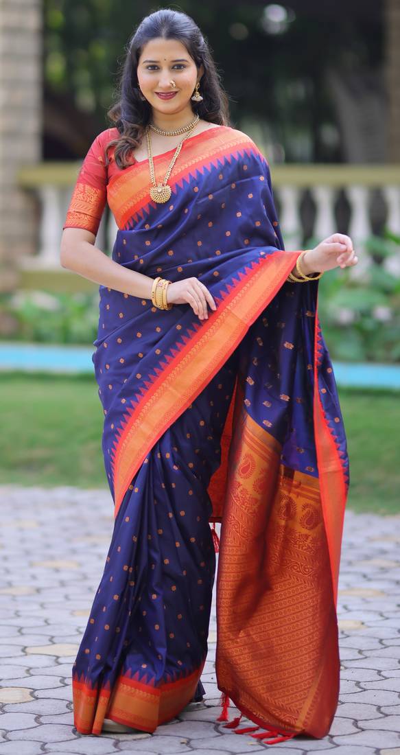 Navy blue floral, temple border, zari work kanji gadwal silk saree with blouse