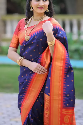 Navy blue floral, temple border, zari work kanji gadwal silk saree with blouse