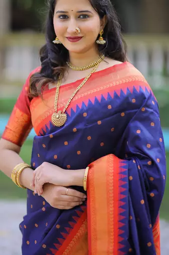 Navy blue floral, temple border, zari work kanji gadwal silk saree with blouse