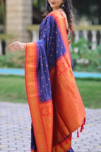 Navy blue floral, temple border, zari work kanji gadwal silk saree with blouse