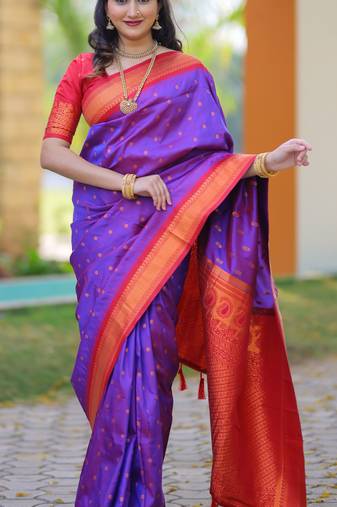 Purple floral, temple border, zari work kanji gadwal silk saree with blouse