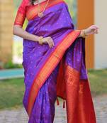 Purple floral, temple border, zari work kanji gadwal silk saree with blouse