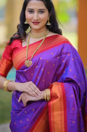 Purple floral, temple border, zari work kanji gadwal silk saree with blouse
