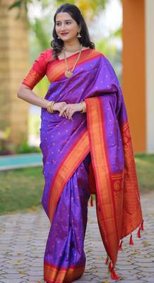 Purple floral temple border zari work kanji gadwal silk blend saree with blouse 3
