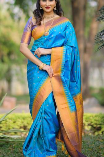 Sky blue floral, temple border, zari work kanji gadwal silk saree with blouse